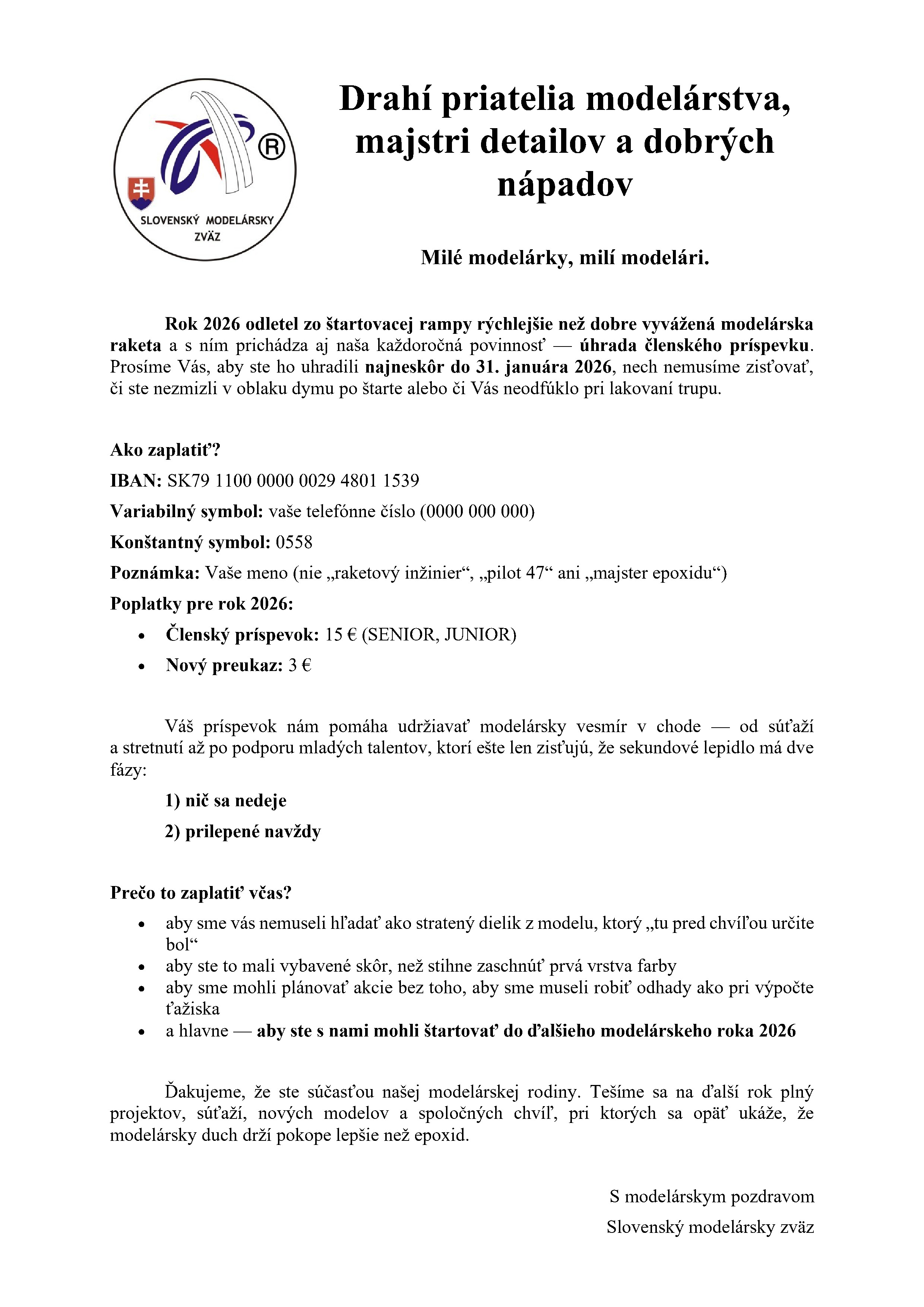 Oznam o členských poplatkoch